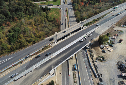 Aerial view of reconstruction of Louisquisset Pike Bridge in Rhode Island, which carries Rt. 146 over Rt.116.