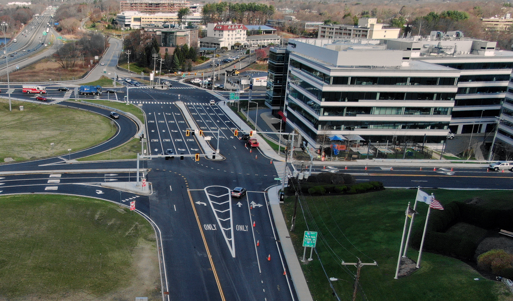 Interchange of Interstate 95 and Third Avenue with new sidewalks, crosswalks, and a connected Prospect Hill Lane. 