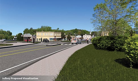 Route 202 intersection with stoplights and buildings planned after improvements.