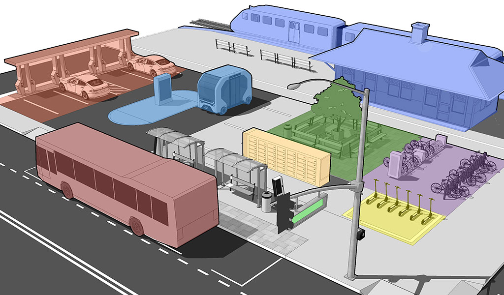 Rendering of proposed mobility hub with train.