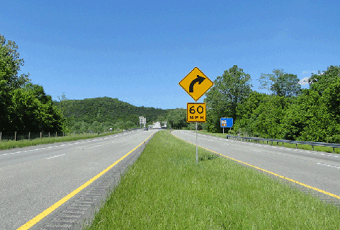 A highway with cautionary signage in Virginia.