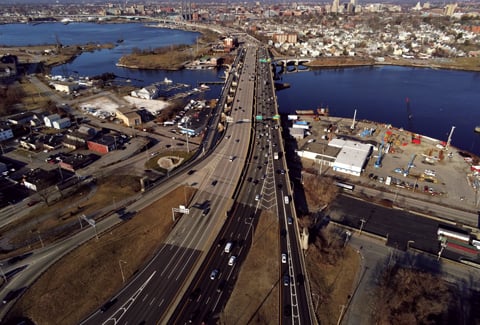 Daytime aerial view of I-195 over Washington Bridge from East Providence, Rhode Island.