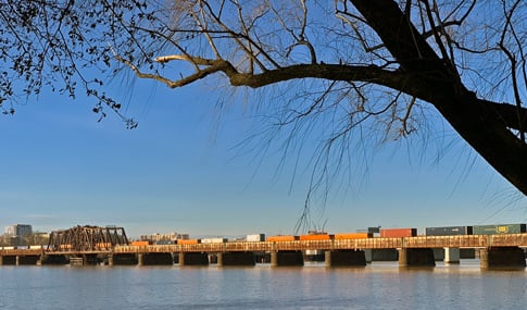 A CSX train on the Long Bridge crosses into Washington, DC from Virginia.