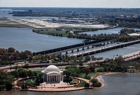 Aerial view of Long Bridge and adjacent bridges that cross the Potomac River connecting Virginia to Washington, DC.