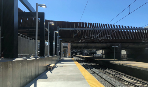 New rail platform with bench at Ruggles Station in Boston, Massachusetts.