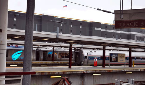 Amtrak trains on the platform at South Station in Boston.