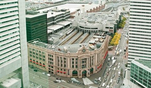 Aerial view of tracks and facilities at Boston’s South Station.