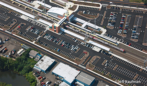 Aerial of exterior of West Haven Commuter Station in West Haven, Connecticut