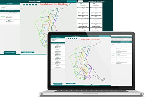 Screenshot of the Routing Viewer software showing a map with multiple-colored lines representing different routes.