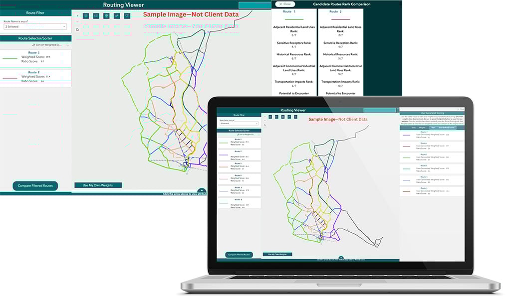 Screenshot of the Routing Viewer software showing a map with multiple-colored lines representing different routes.
