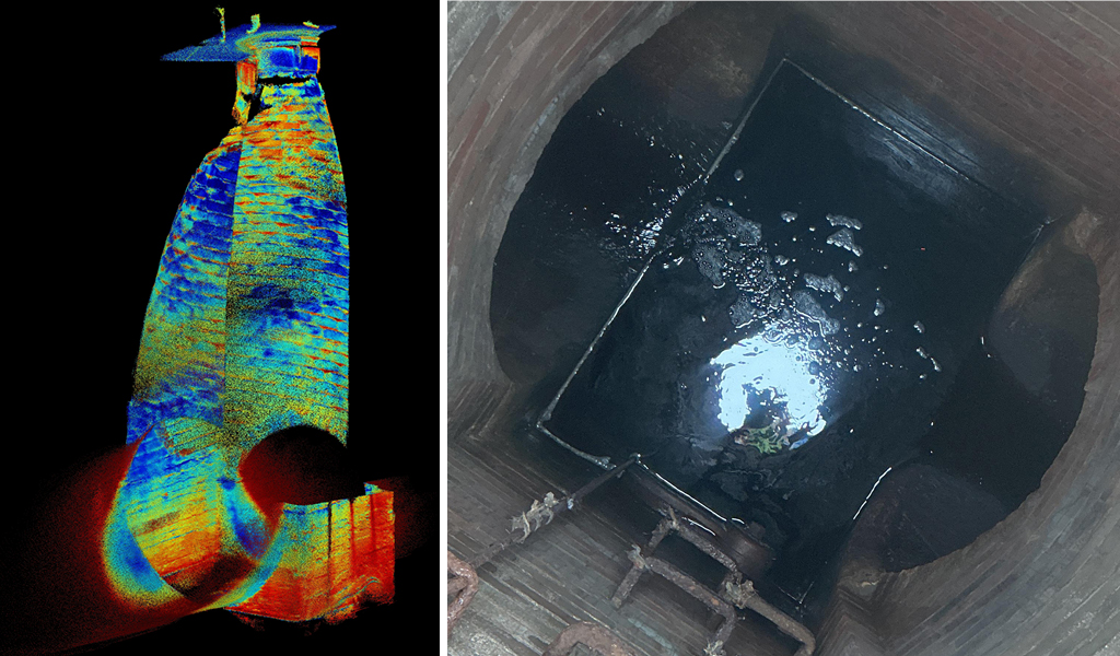3D LiDAR scan of a subsurface structure, displaying vibrant blue and red color gradients to represent different depths and features.