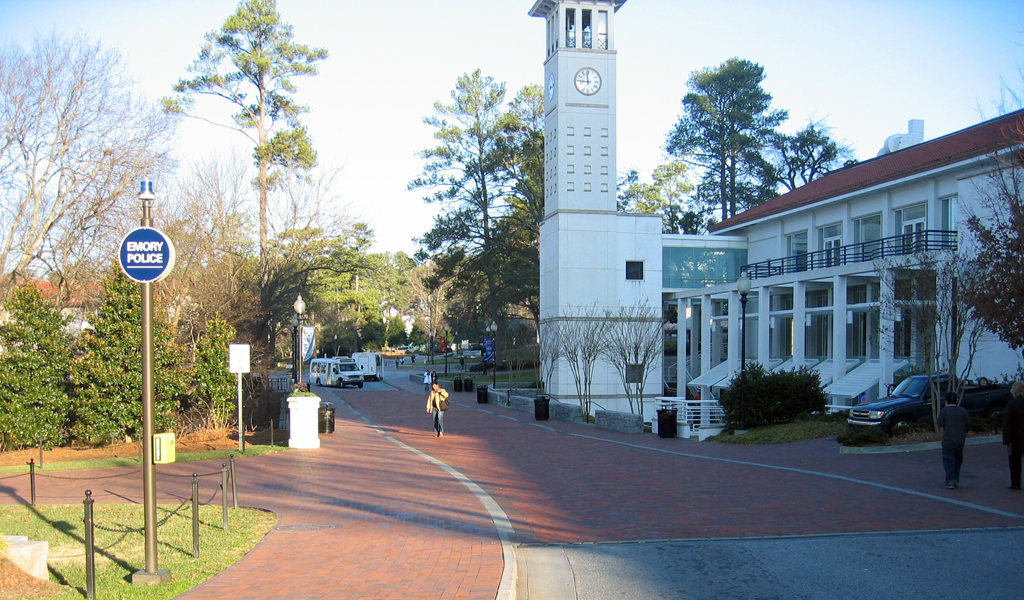 Emory University buildings and pedestrians. 