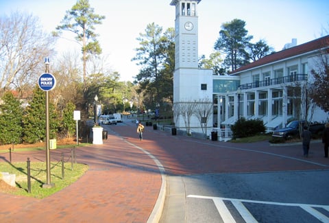 Emory University buildings and pedestrians. 
