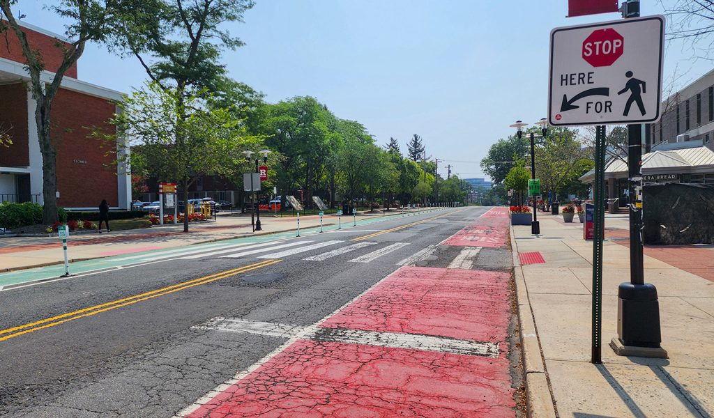 Pedestrian crosswalk with a stop sign, bus lane, and bike lane.