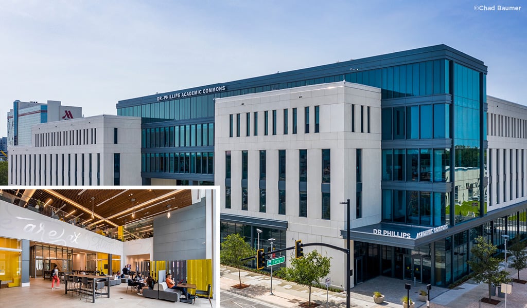 Exterior of new Dr. Phillips Academic Commons building with Modern, interior common space with student relaxing at tables and couches inset.