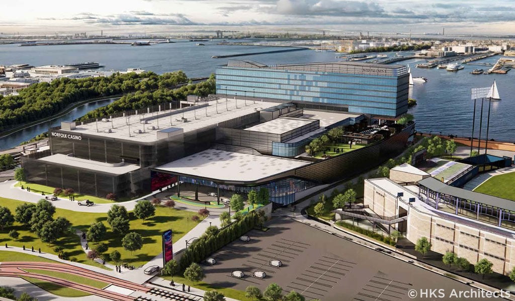 Oblique aerial of the Norfolk Resort and Casino along the Elizabeth River.