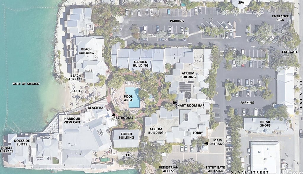 Aerial site plan of Pier House Resort & Spa in Key West showing buildings, pool, beach, parking, and Gulf shoreline.