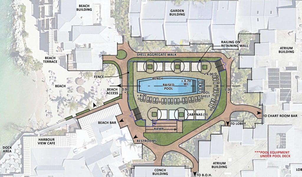 Site plan of Pier House Resort showing central raised pool, cabanas, walkways, beach access, and surrounding buildings.