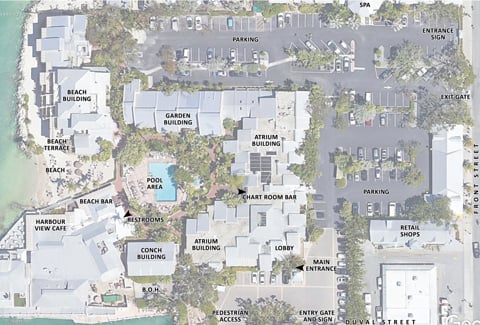Aerial site plan of Pier House Resort & Spa in Key West showing buildings, pool, beach, parking, and Gulf shoreline.