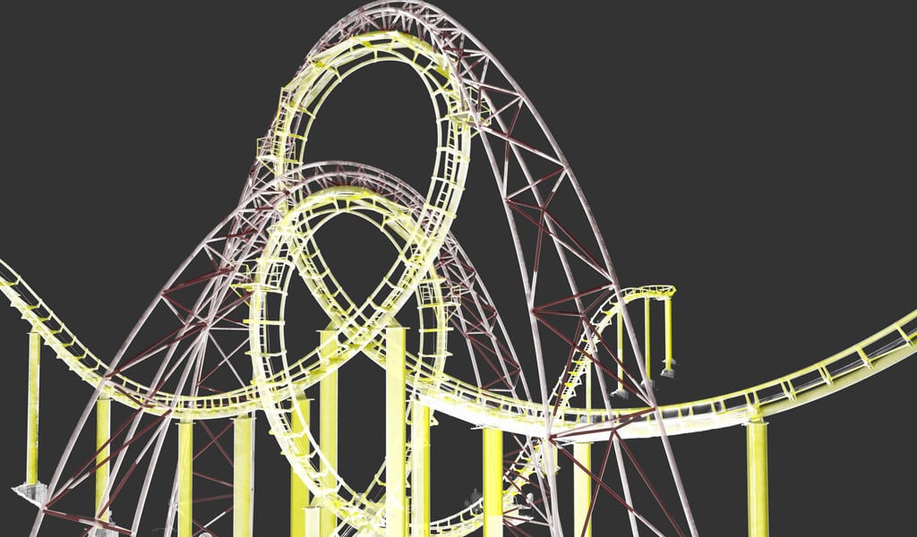 Reality capture image of a looping roller coaster with support beams against.