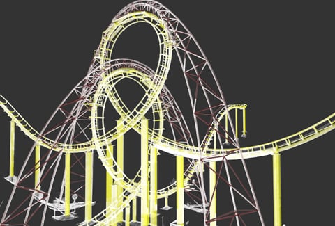 Reality capture image of a looping roller coaster with support beams against.
