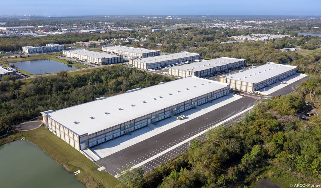 Aerial view of two Industrial buildings located at Princeton Oaks industrial park.