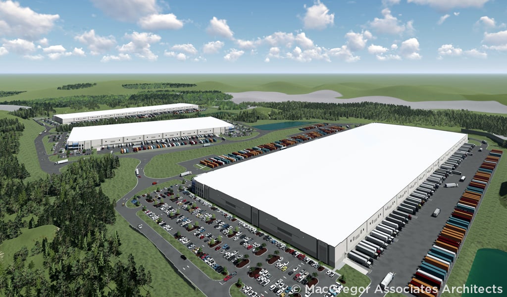 Birds eye rendering of Swift Creek Logistics Center showcasing 3 industrial facilities with parking and loading docks.