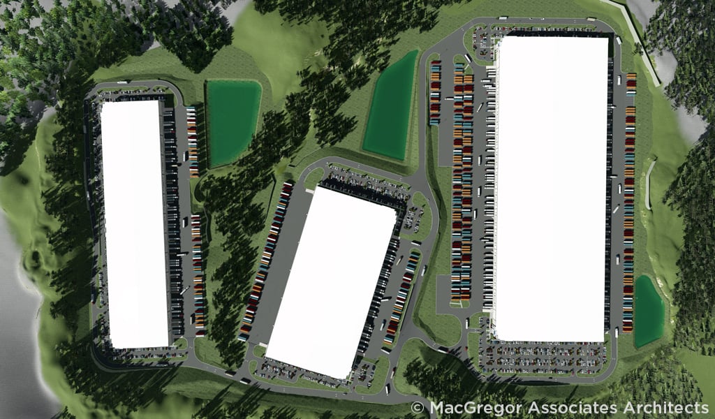 Aerial rendering of Swift Creek Logistics Center with 3 industrial buildings surrounded by parking fields and loading docks. 