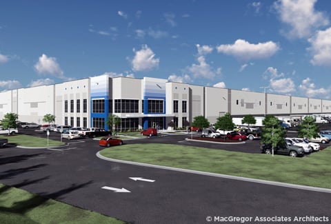 Swift Creek Logistics Center front entry depicting the parking field on 2 sides of the building