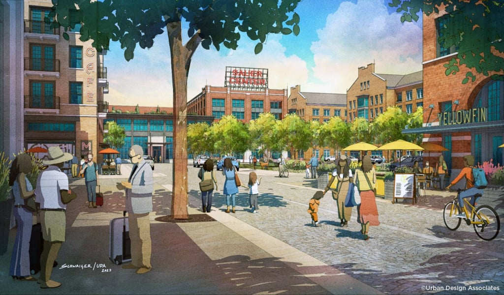 Rendering of Sauer Center neighborhood with pedestrians and bicyclists enjoying outdoor, retail and residential spaces.