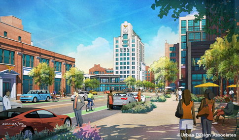 Rendering of the Sauer Center streetscape with pedestrians, an office tower, and restaurants.