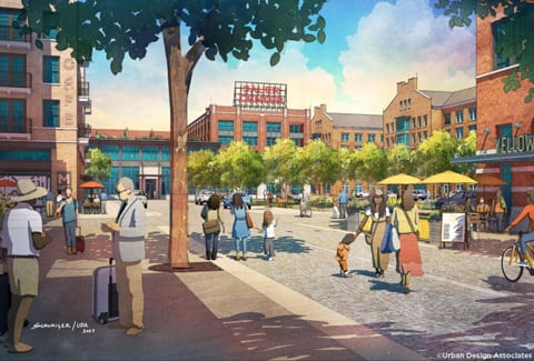 Rendering of Sauer Center neighborhood with pedestrians and bicyclists enjoying outdoor, retail and residential spaces.