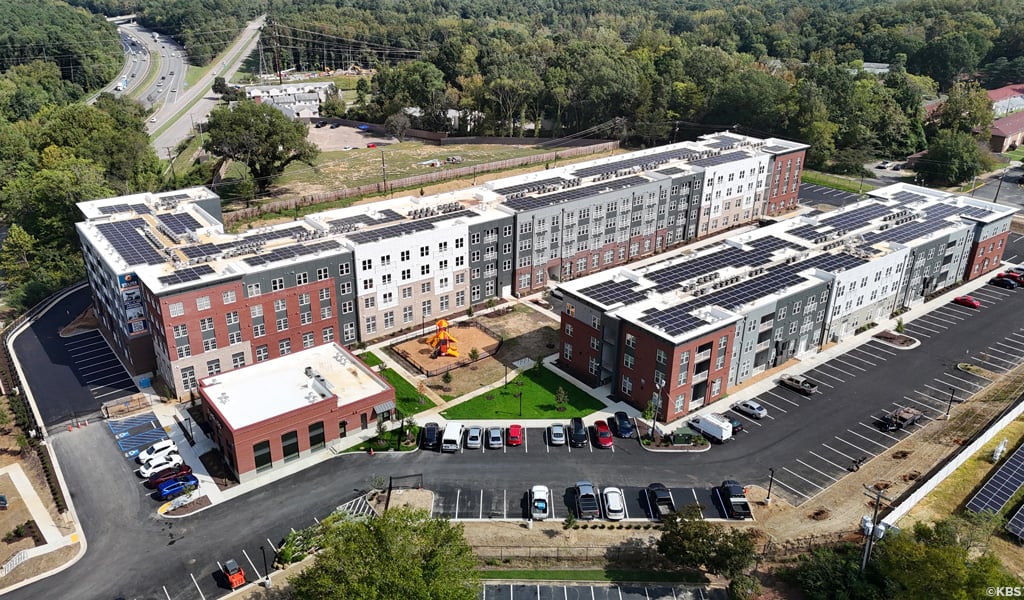 Oblique aerial of Helios, a 186-unit affordable housing development in Richmond, VA on a sunny day.