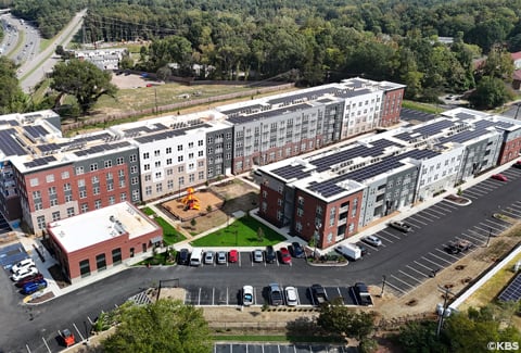 Oblique aerial of Helios, a 186-unit affordable housing development in Richmond, VA on a sunny day.