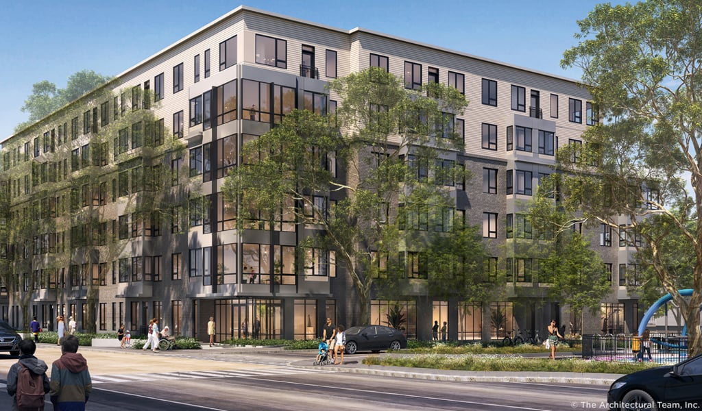 Exterior rendering of an active streetscape with a six-story residential building and adjacent playground.