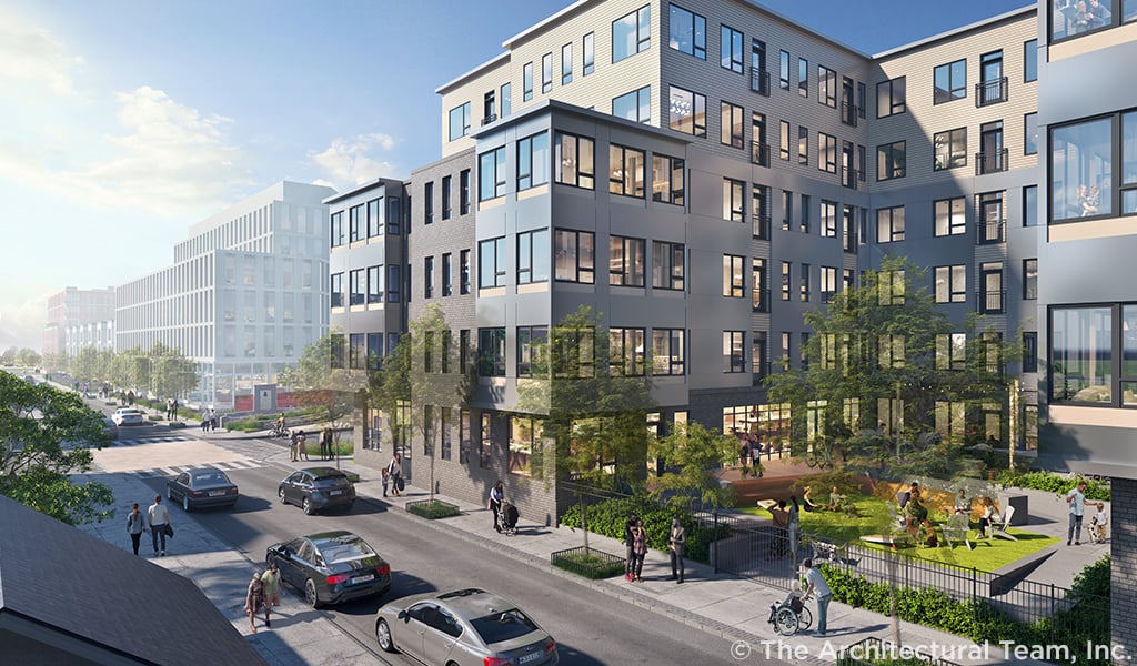 Exterior rendering of two six-story residential buildings with an active streetscape and pocket park used for gathering.