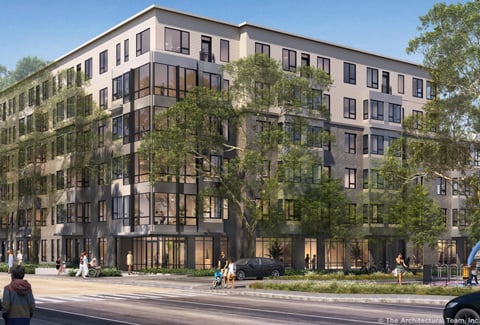 Exterior rendering of an active streetscape with a six-story residential building and adjacent playground.