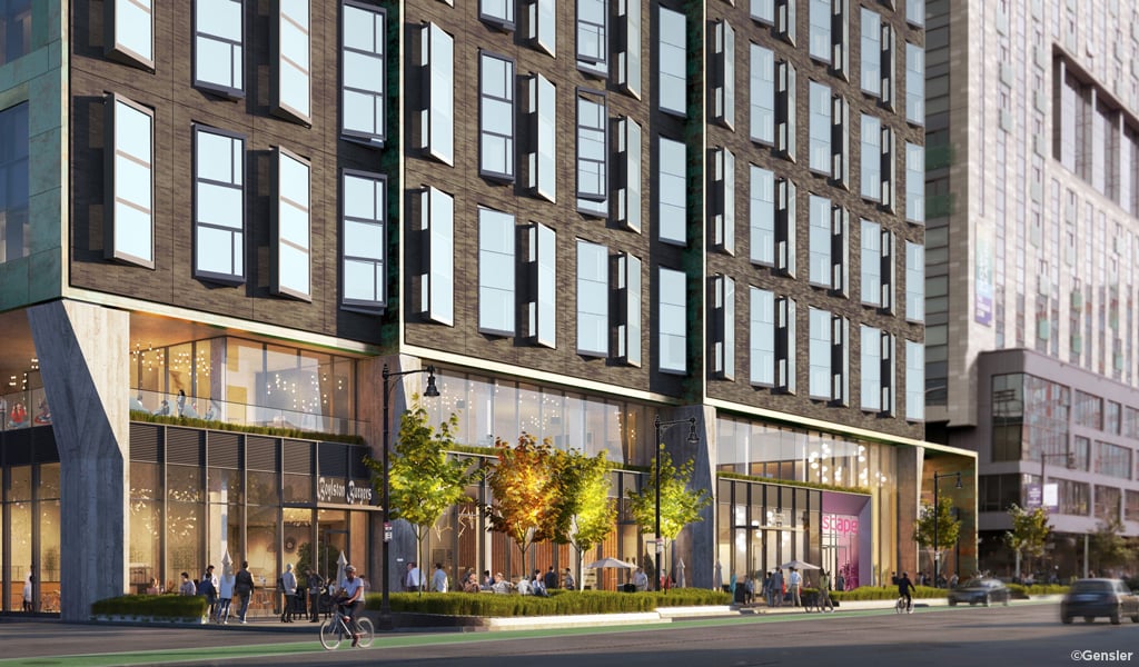 Street-level rendering of The Bon, a new compact living residential development along Boylston Street in the Fenway neighborhood.