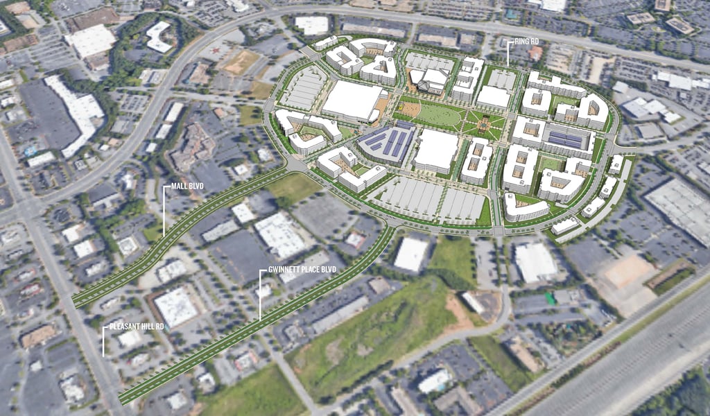 Oblique view and rendering of the Gwinnett Place Mall Redevelopment Plan.