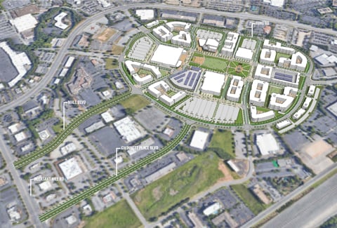 Oblique view and rendering of the Gwinnett Place Mall Redevelopment Plan.