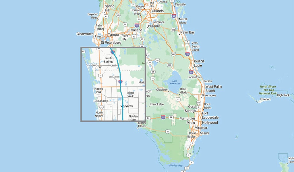 Map depicting the I-75 Corridor study, an 18 mile segment in Collier and Lee County, Florida. 