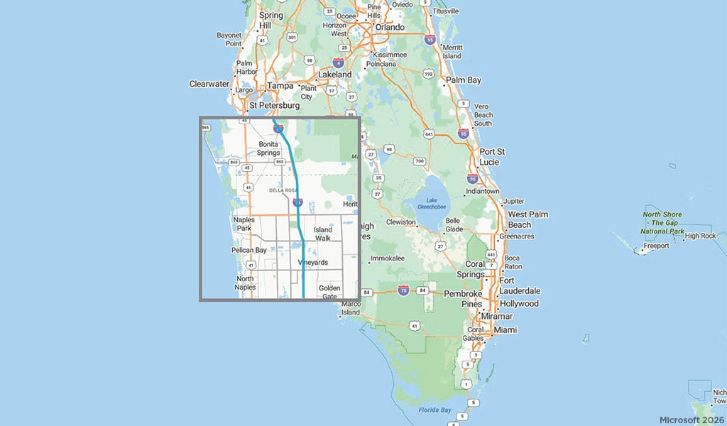 Map depicting the I-75 Corridor study, an 18 mile segment in Collier and Lee County, Florida 