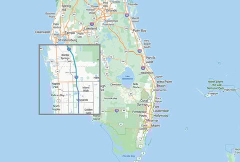 Map depicting the I-75 Corridor study, an 18 mile segment in Collier and Lee County, Florida. 