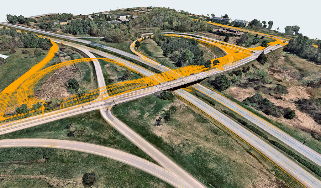 A lifelike model of a highway interchange overlain in orange.