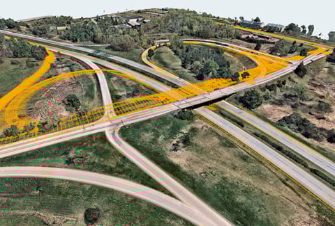 A lifelike model of a highway interchange overlain in orange.