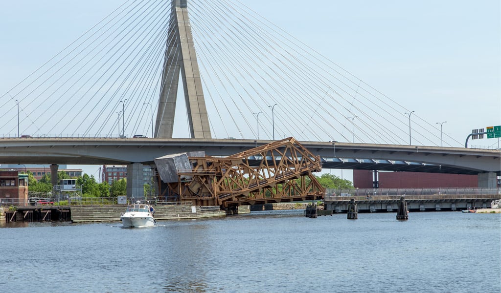 A drawbridge beginning to rise.