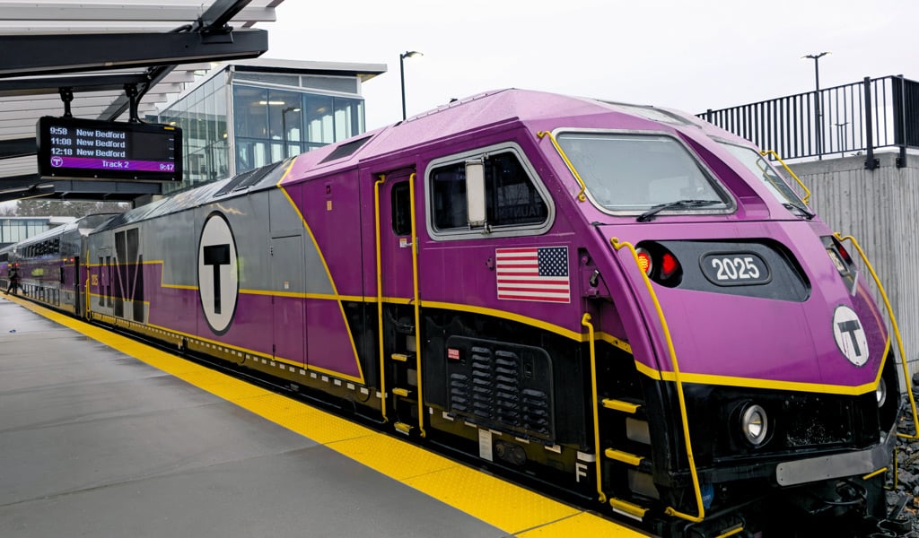 An MBTA commuter train at the station.