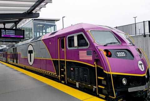 An MBTA commuter train at the station.