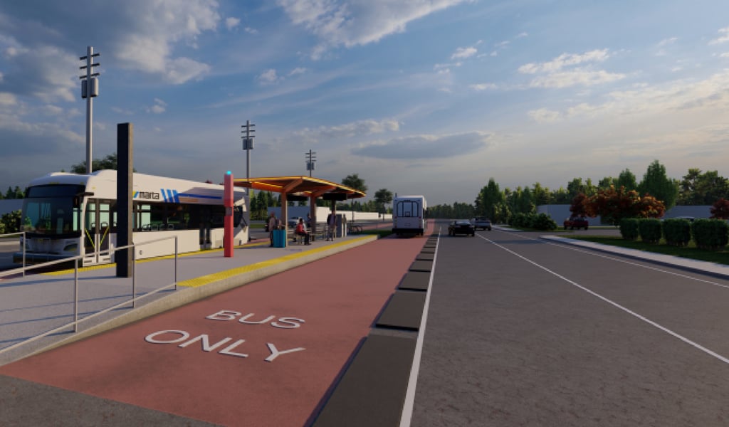 Rendering of a MARTA bus station with buses in a red “Bus Only” lane and passengers waiting under a covered platform.