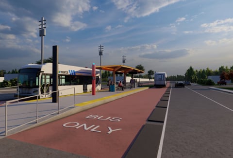 Rendering of a MARTA bus station with buses in a red “Bus Only” lane and passengers waiting under a covered platform.